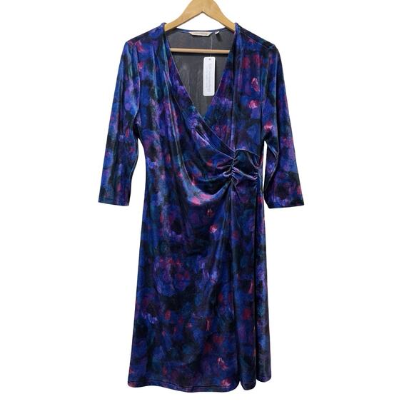 Soft Surroundings Hyannis Velvet Faux Wrap Floral Mini Dress Size L Blue Regency - Picture 1 of 7